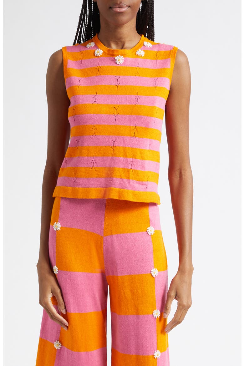 Daisy Stripe Sleeveless Linen Blend Sweater, Main, color, CANDY/ ORANGE
