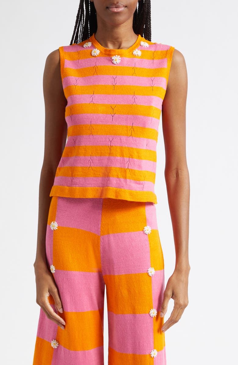 YanYan Daisy Stripe Sleeveless Linen Blend Sweater, Main, color, Candy/ Orange