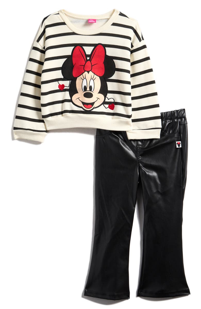 Children's Apparel Network Minnie Mouse Sweatshirt & Faux Leather Flare Pants, Main, color, Off White