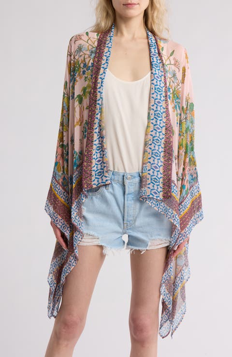 Geometric Border Floral Print Ruana