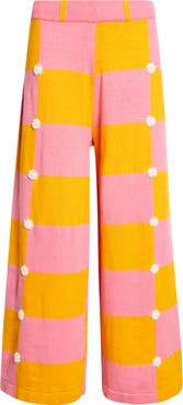 YanYan Daisy Intarsia Check Linen Blend Wide Leg Pants