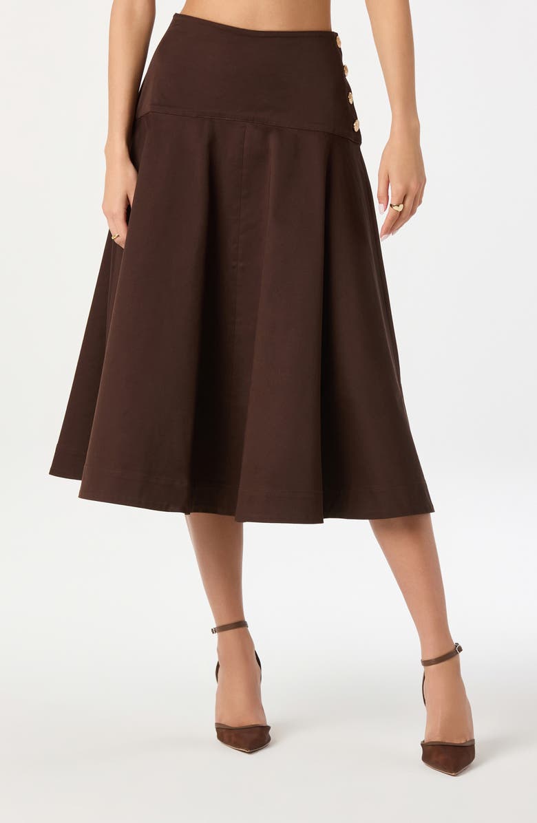 ASTR the Label Drop Waist Stretch Cotton Midi Skirt, Main, color, Brown