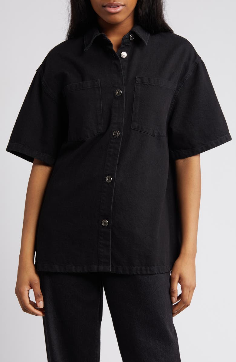 ASOS DESIGN Elbow Sleeve Longline Denim Button-Up Shirt, Alternate, color, 