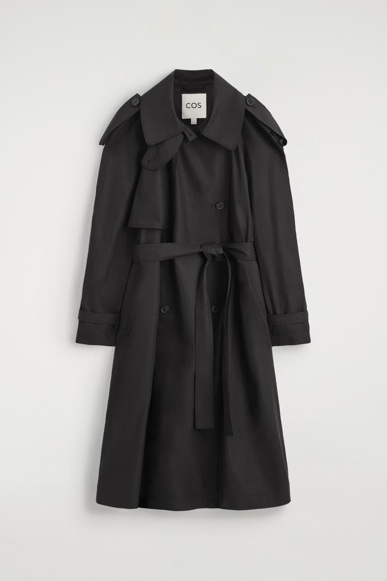 Mock-Neck Cotton Trench Coat, Alternate, color, BLACK