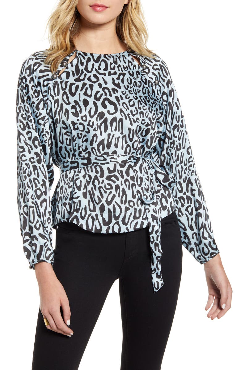 Rebecca Minkoff Angelina Leopard Print Tie Waist Blouse, Main, color, 