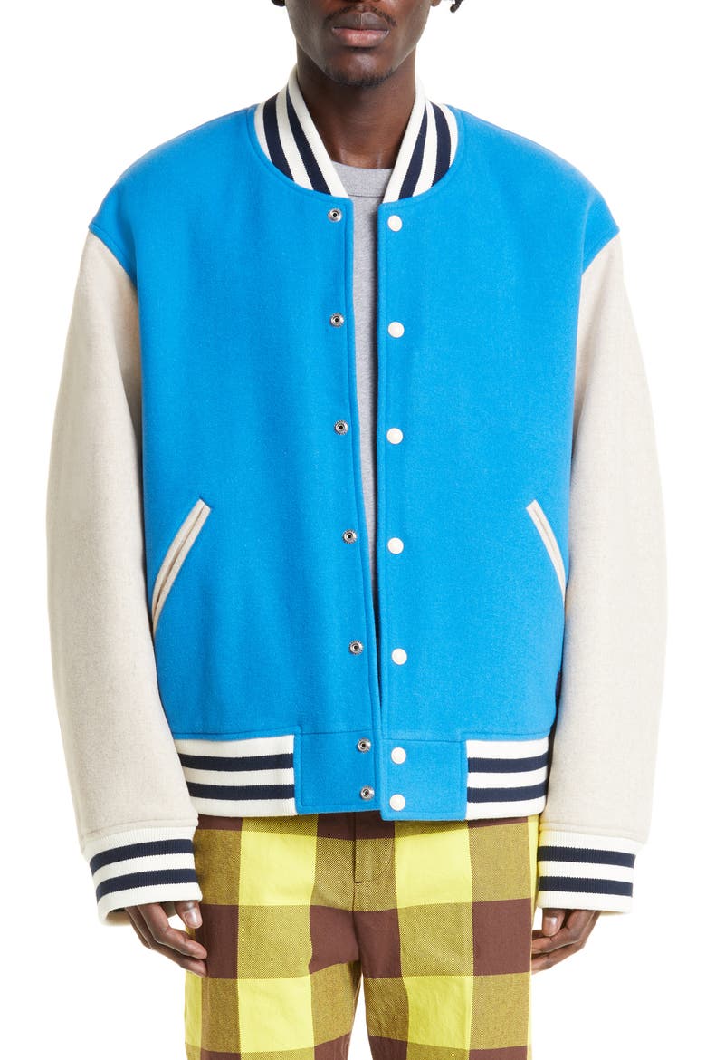 Face Patch Colorblock Wool Blend Varsity Bomber Jacket, Main, color, SAPPHIRE BLUE