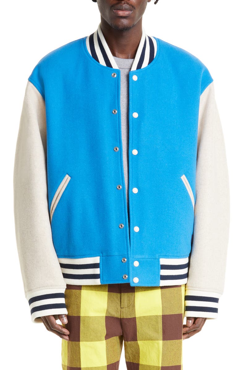 Acne Studios Face Patch Colorblock Wool Blend Varsity Bomber Jacket, Main, color, 