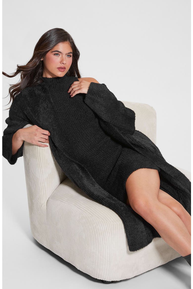 Vero Fuzzy Shawl Collar Longline Cardigan, Alternate, color, JET BLACK