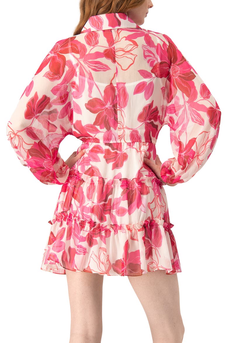 Short Floral Print Shirt Dress with Long Sleeves, Alternate, color, Fuchsia