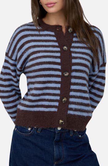 Blu Pepper Striped Fuzzy Cardigan in Chocolate Brown at Nordstrom Rack, Size Small
