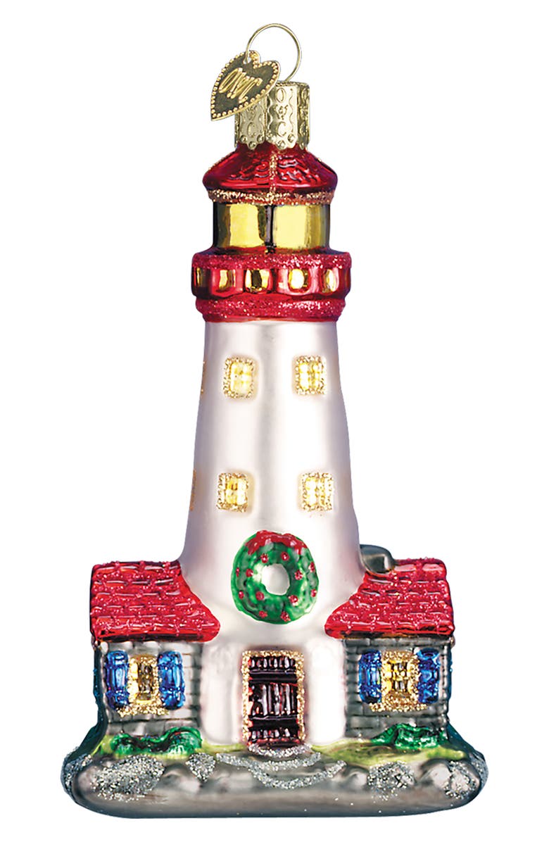 Old World Christmas Lighthouse Glass Ornament, Main, color, White/Green/Red