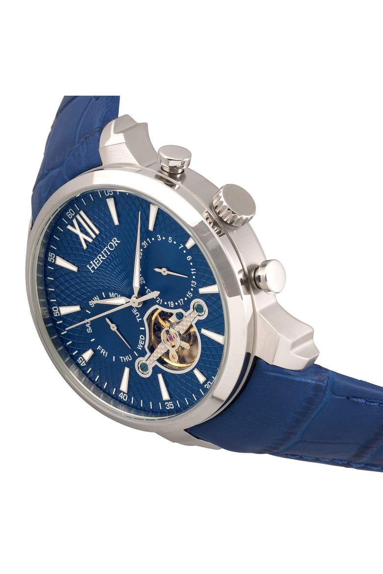 Arthur Semi-Skeleton Leather-Band Watch w/ Day/Date, Alternate, color, Silver/Blue