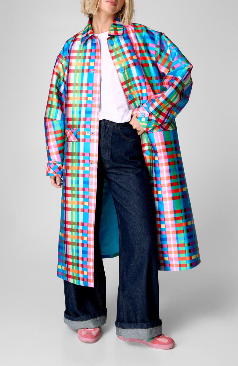 NASTY GAL Check Longline Satin Coat, Main, color, 