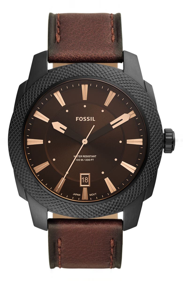 Fossil Machine Leather Strap Watch, 49mm, Main, color,