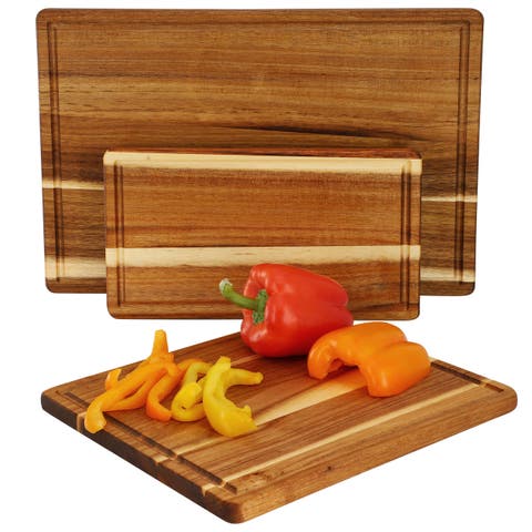 3 Piece 7 Inch, 10 Inch, and 17 Inch Acacia Wood Cutting Board Set with Juice Grooves