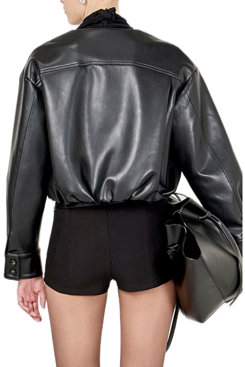 Gathered Hem Faux Leather Jacket, Alternate, color, BLACK