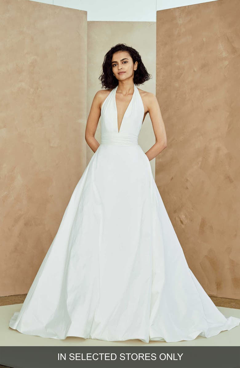 nouvelle AMSALE Melia Plunge Neck Taffeta Wedding Dress, Main, color,