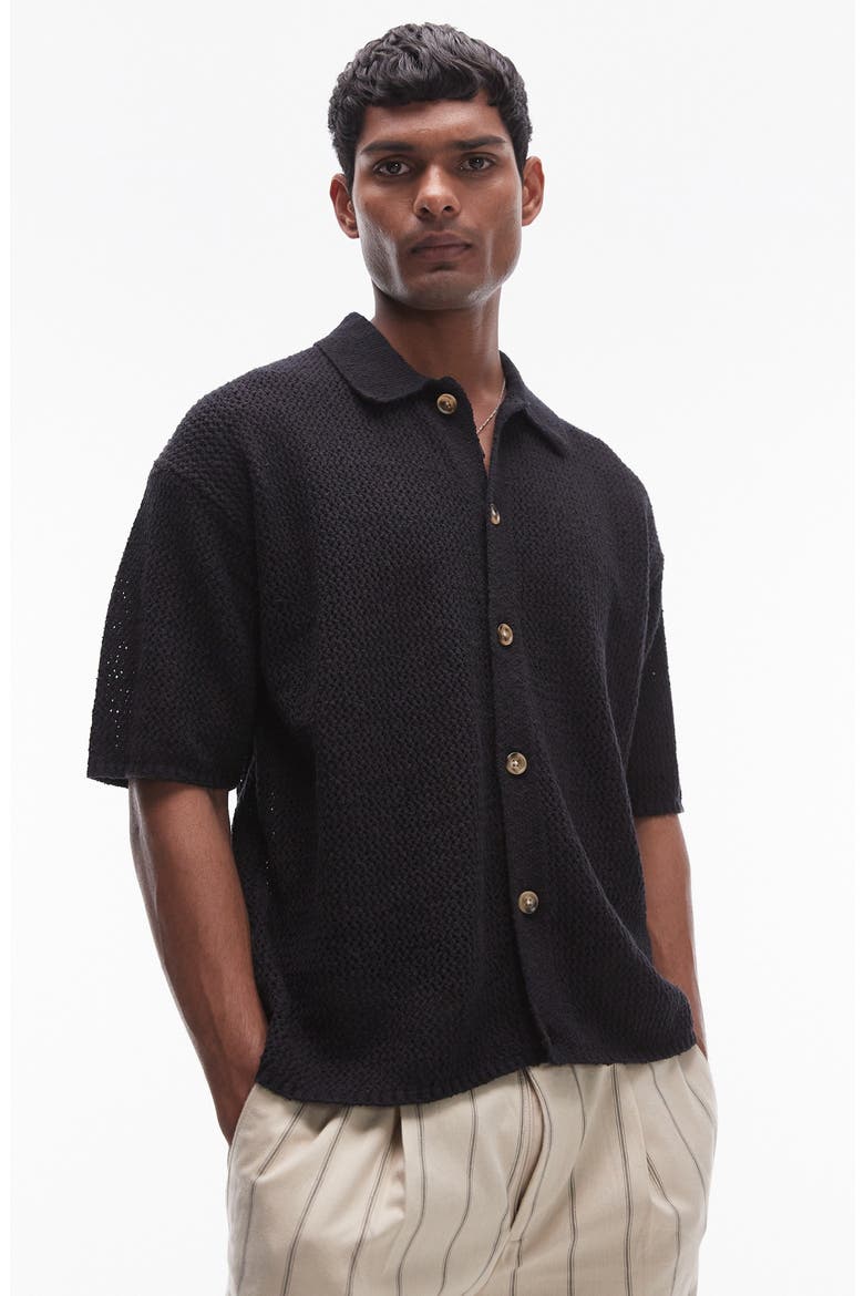 Short Sleeve Knit Button-Up Shirt, Main, color, BLACK