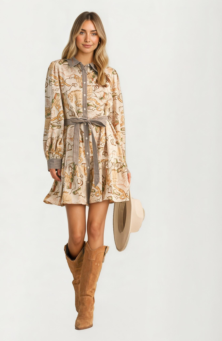 Knit and Lounge Long Sleeve Printed Belted Button Front Shirt Dress, Alternate, color, 