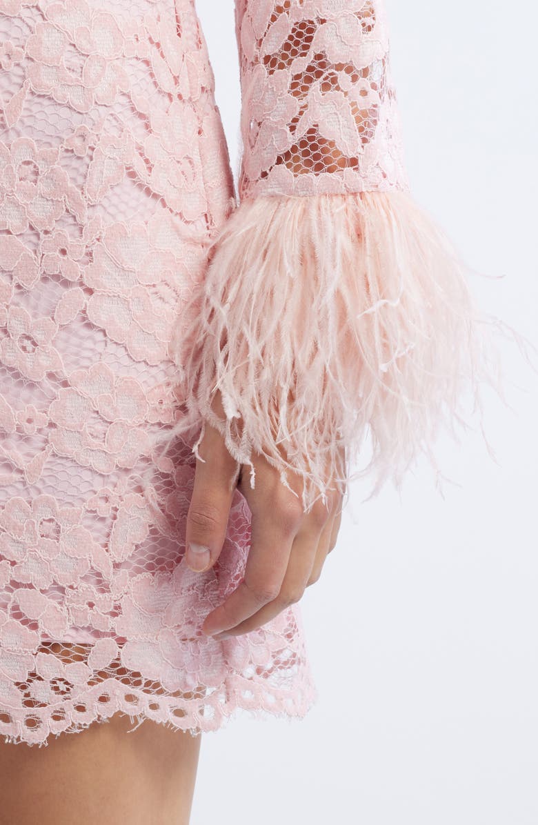 LIKELY Lorie Feather Trim Long Sleeve Lace Minidress, Alternate, color, 