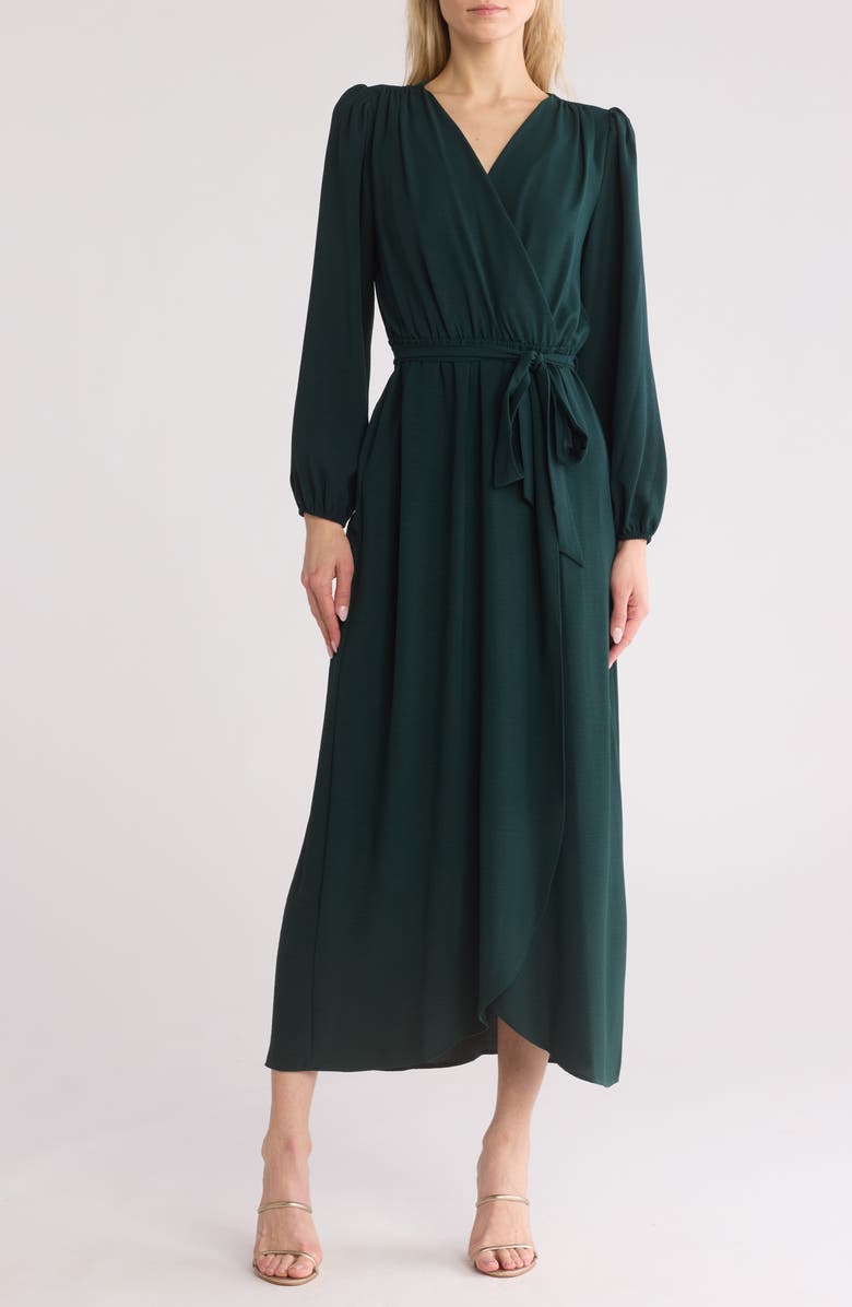 Connected Apparel Faux Wrap Long Sleeve Maxi Dress, Main, color, Pine