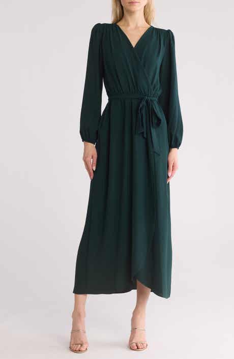 Connected Apparel Faux Wrap Long Sleeve Maxi Dress