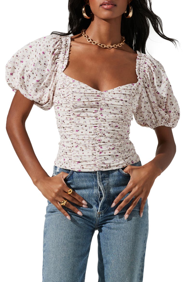 Floral Ruched Puff Sleeve Top, Main, color, CREAM LAVENDER DITSY