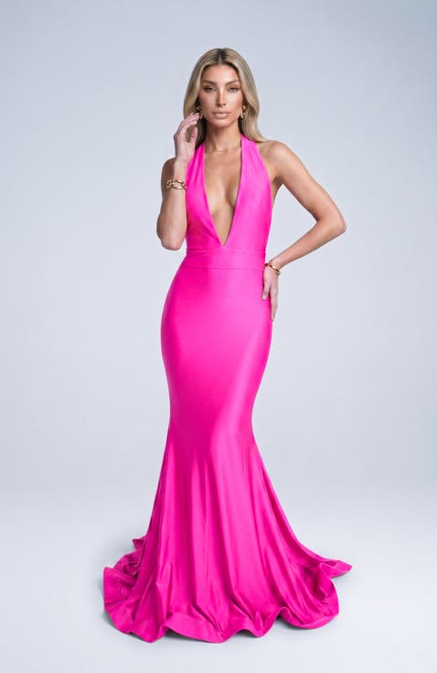 Plunging Halter Neck Mermaid Evening Gown