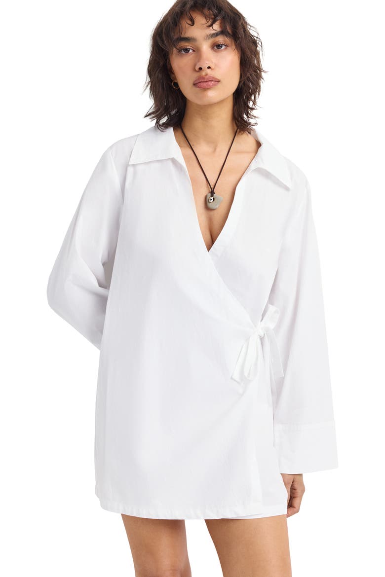 Elodie Long Sleeve Organic Cotton Wrap Cover-Up Dress, Alternate, color, WHITE