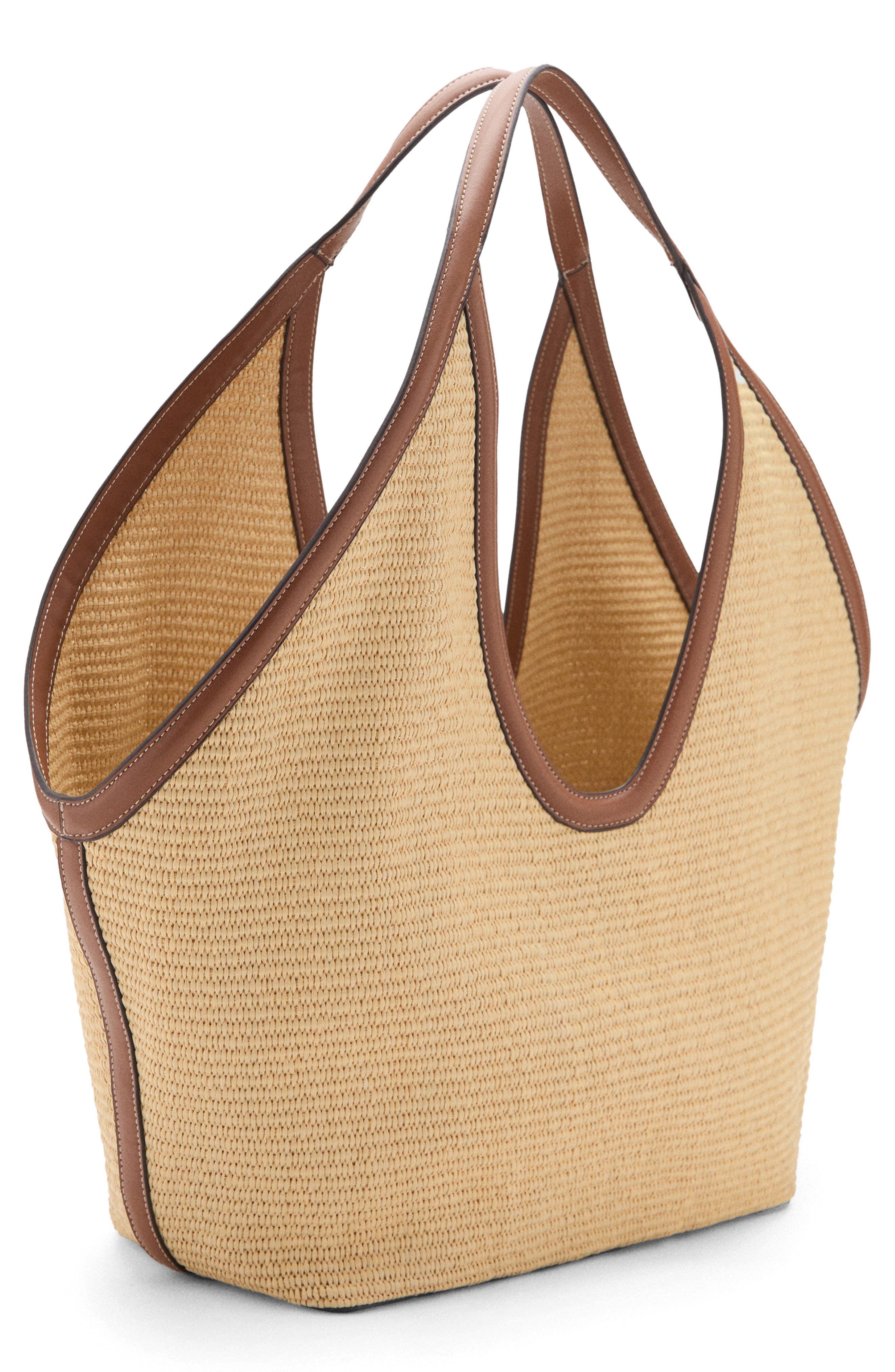 Faux Leather Trim Woven Shopper Bag, Alternate, color, LEATHER