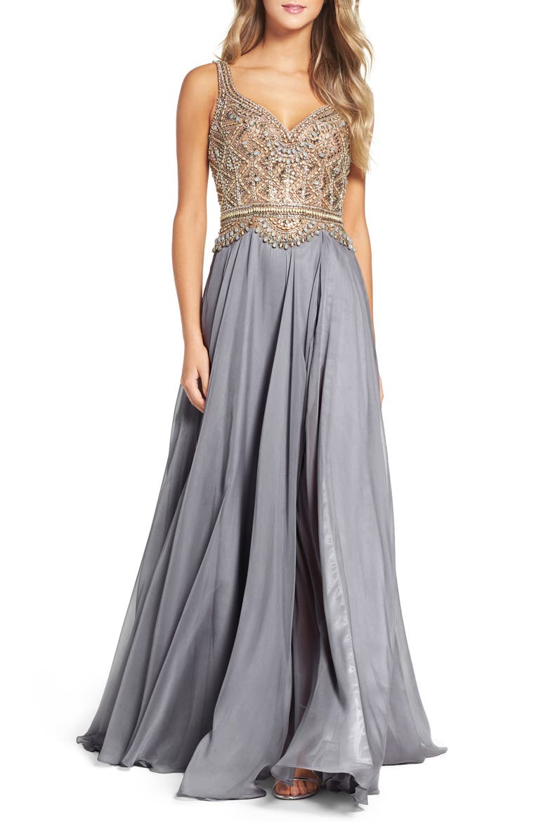 Beaded Chiffon Ballgown, Main, color, PLATINUM