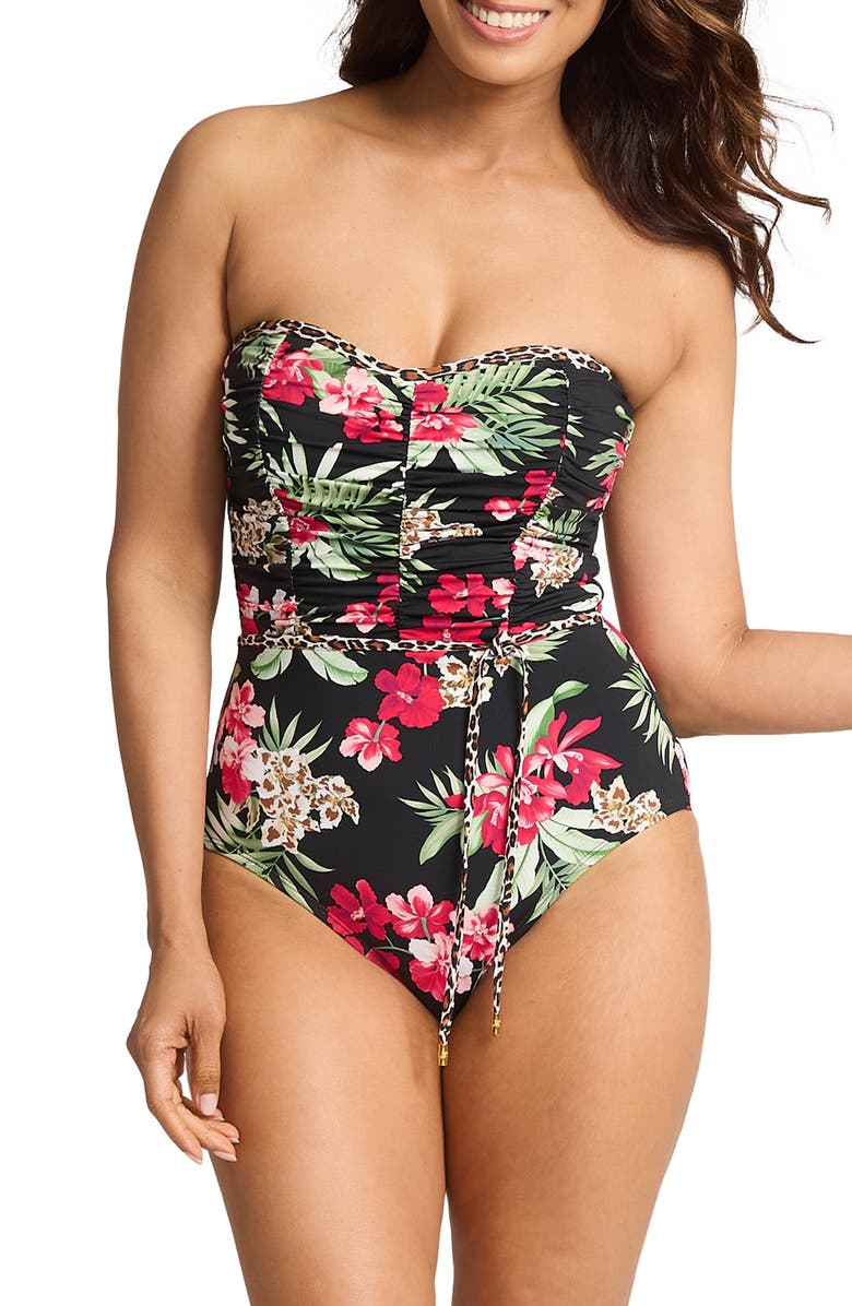 Tommy Bahama Lily Cat Shirred Bandeau One-Piece Swimsuit, Main, color,