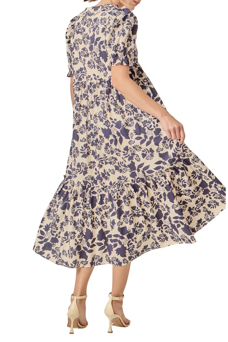 Floral Print Tiered Midi Dress, Alternate, color, CREAM/ NAVY