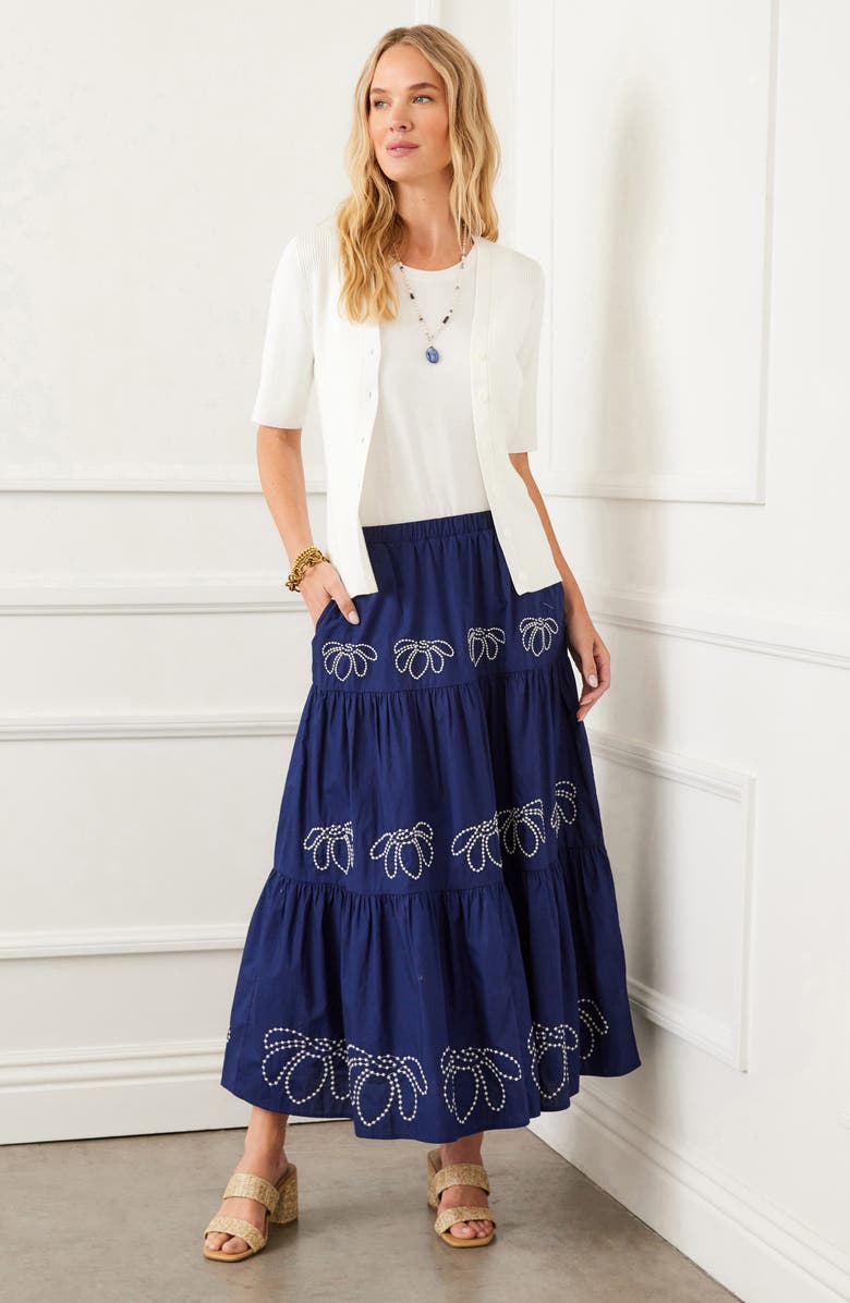 Karen Kane Embroidered Tiered Cotton Midi Skirt, Alternate, color,