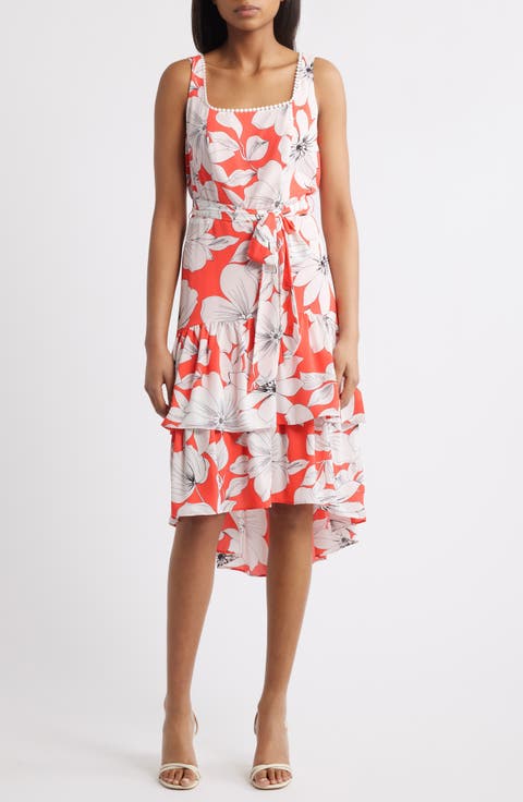 Floral Sleeveless Tiered High Low Midi Dress