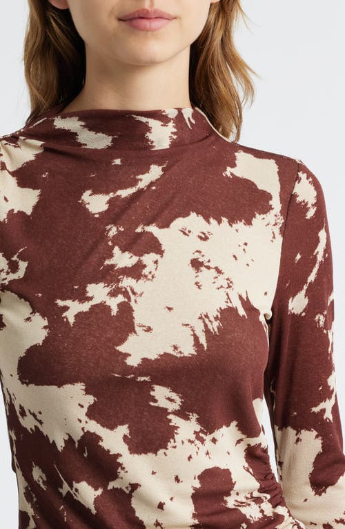 Rails Joelle Cow Print Ruched Funnel Neck Top In Brown