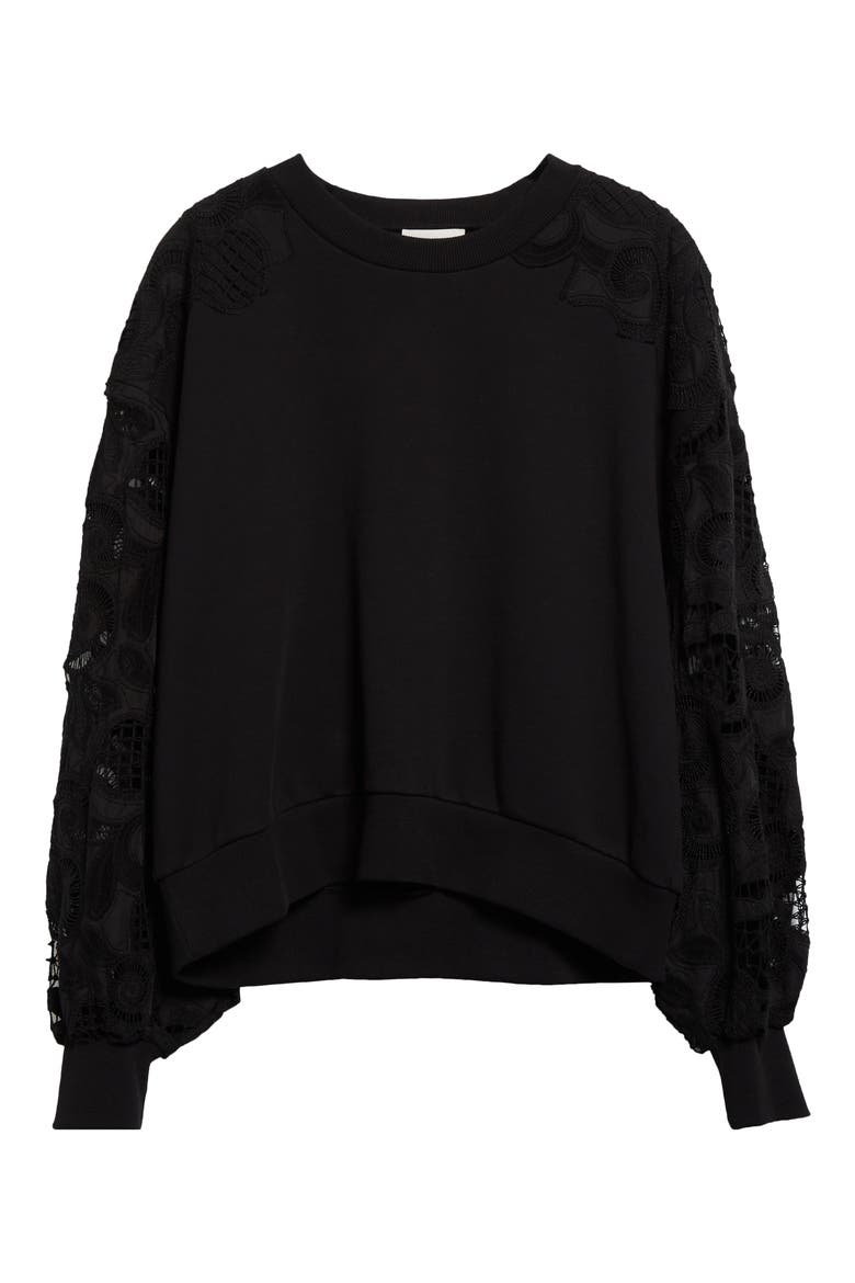 Lace Sleeve Cotton Sweatshirt, Alternate, color, BLACK