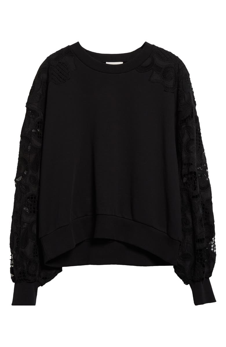 Cinq à Sept Lace Sleeve Cotton Sweatshirt, Alternate, color, 