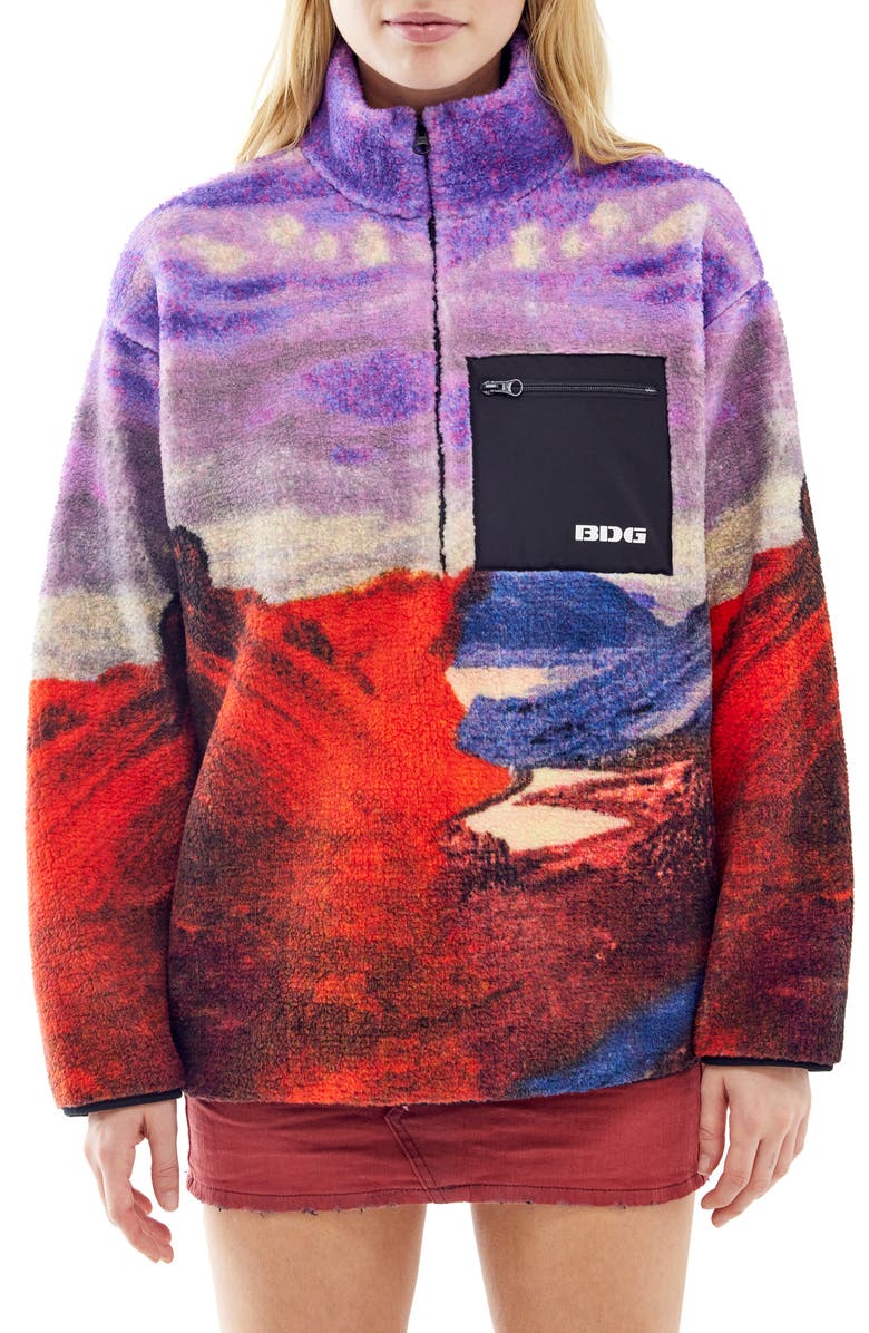 BDG Urban Outfitters Landscape Fleece Half Zip Pullover, Main, color, Purple