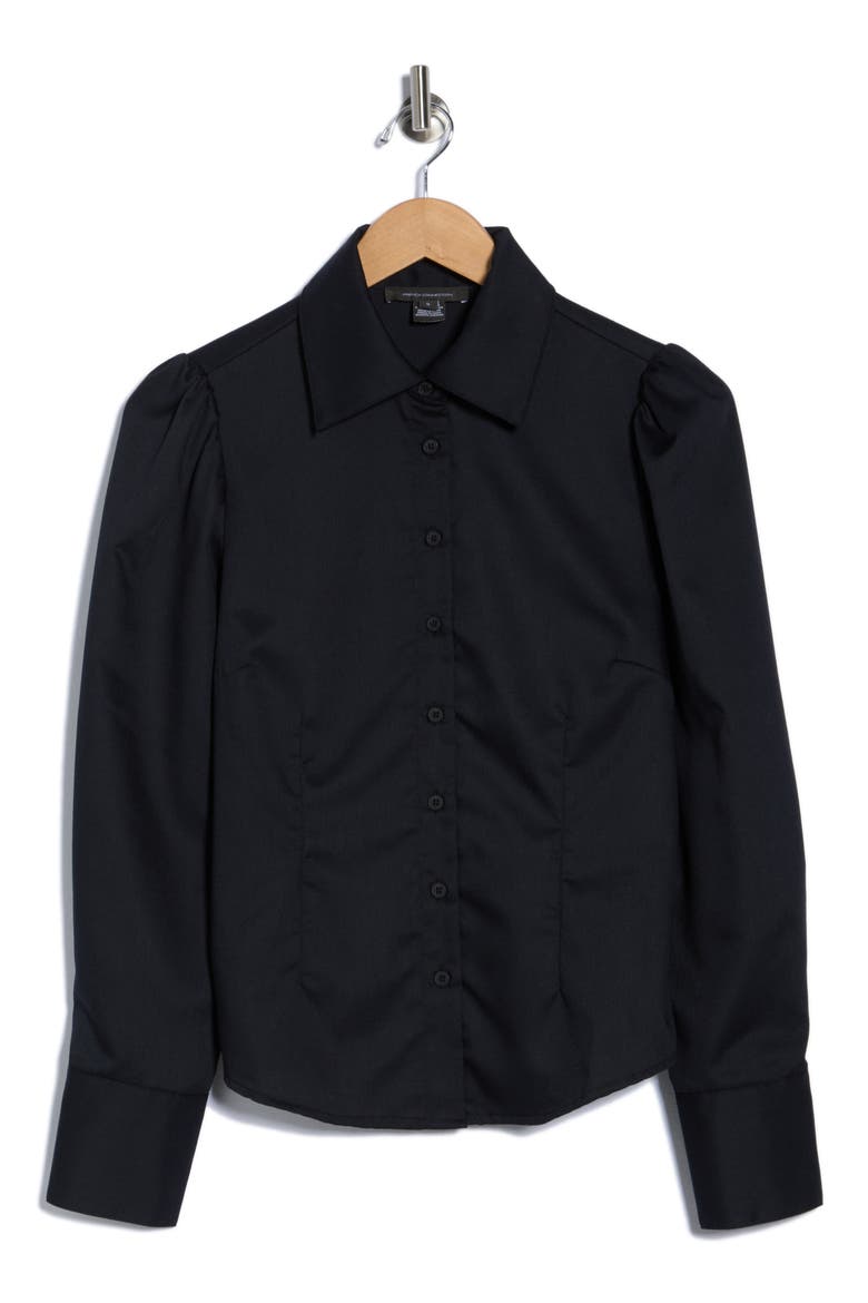 Gathered Seam Puff Sleeve Button-Up Shirt, Alternate, color, BLACK