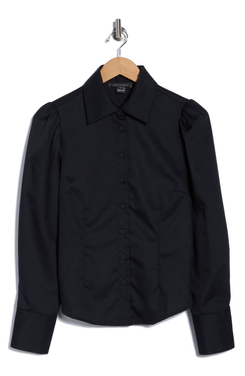 French Connection Gathered Seam Puff Sleeve Button-Up Shirt, Alternate, color, Black