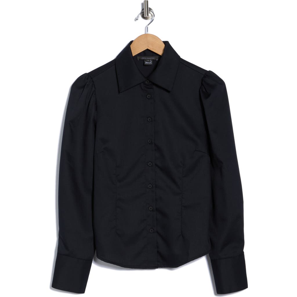 French Connection Gathered Seam Puff Sleeve Button-up Shirt In Black