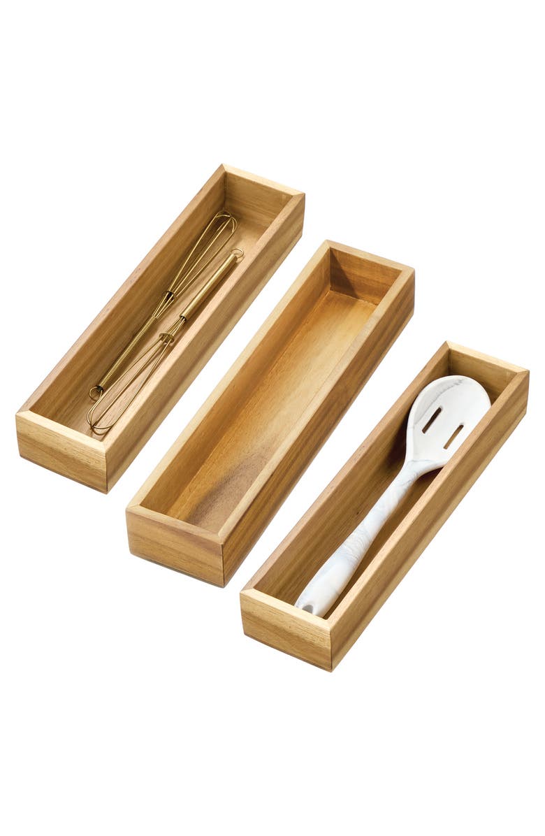 iDesign Acacia Wood Narrow Kitchen Drawer Organizer - Set of 3 - Natural, Main, color, Natural