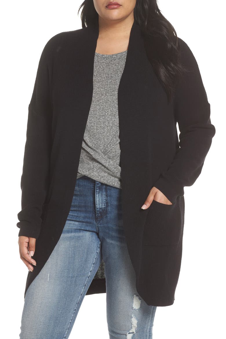 Stitch Curve Hem Cardigan(Plus Size), Main, color, BLACK