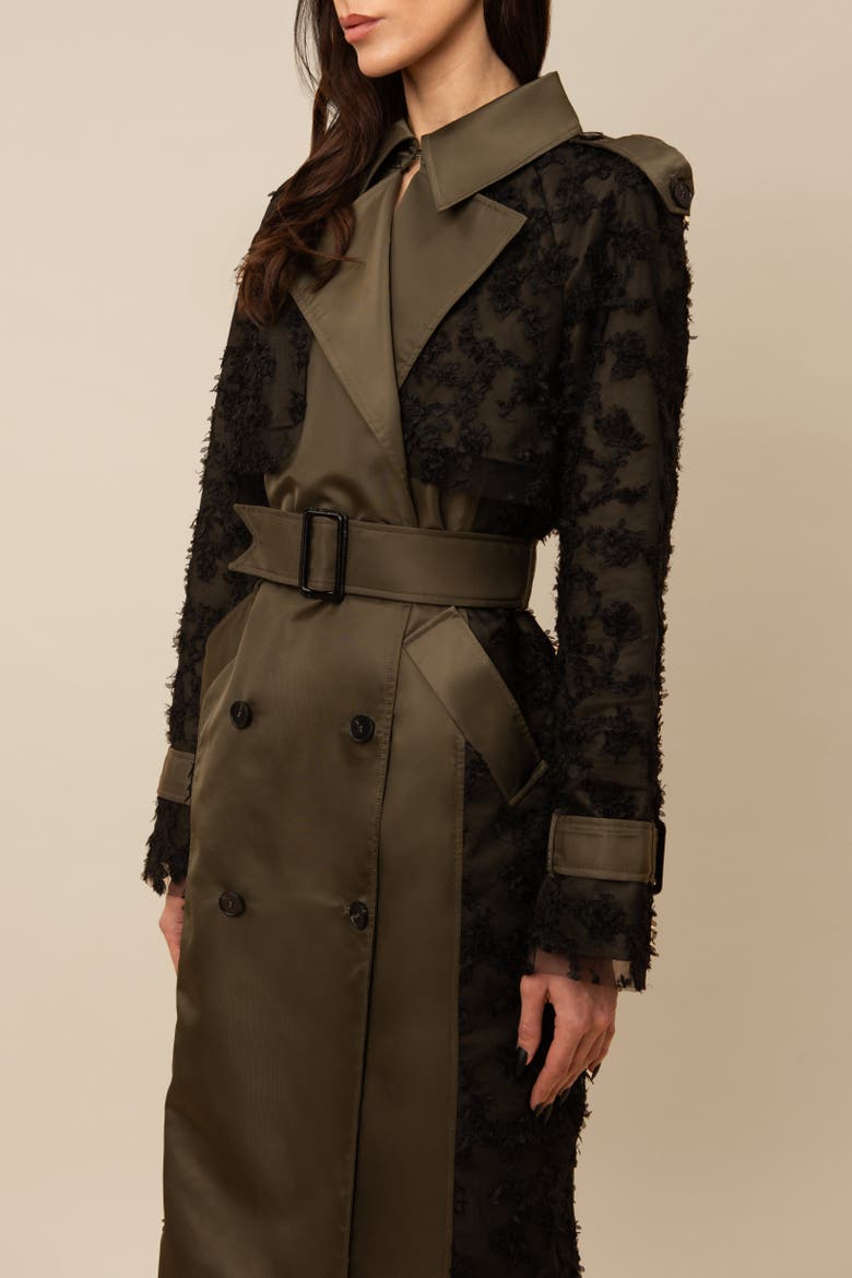 Claw Lace-Trimmed Elegant Cinched Trench Coat, Alternate, color, Black