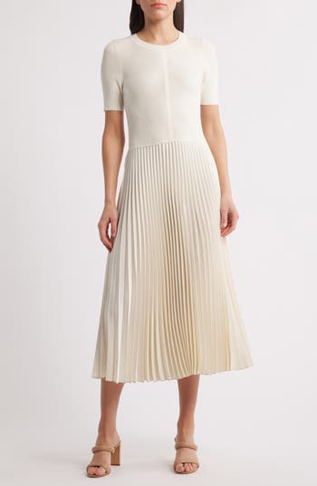 Hugo Boss Boss Fadridi Rib & Pleated Midi A-line Dress In White