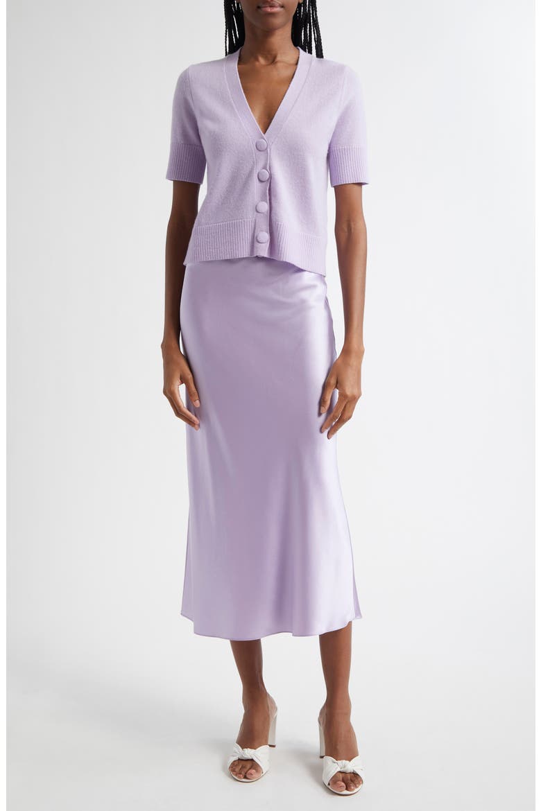 Solene Short Sleeve Cashmere Button-Up Sweater, Alternate, color, SOFT LILAC