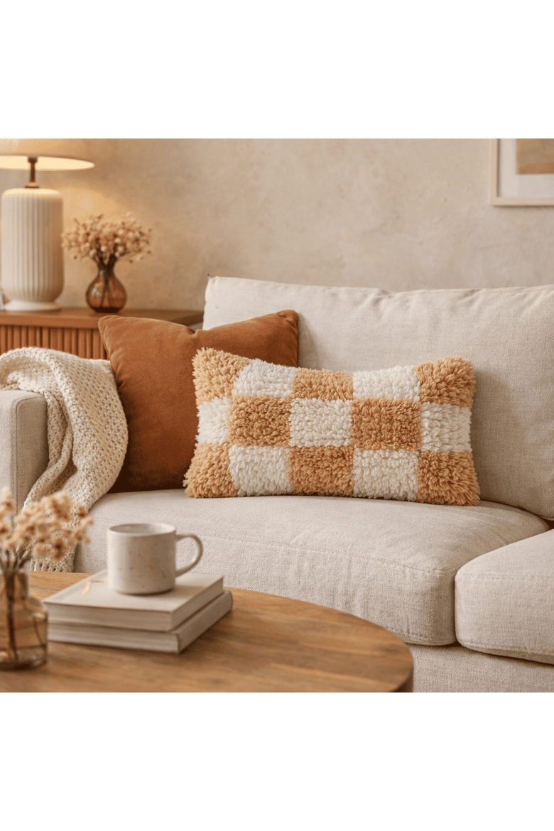 Hand-Woven New Zealand Wool and Cotton Shag Lumbar Pillow with Cotton Back, Cream and Tan, Alternate, color, Multicolor