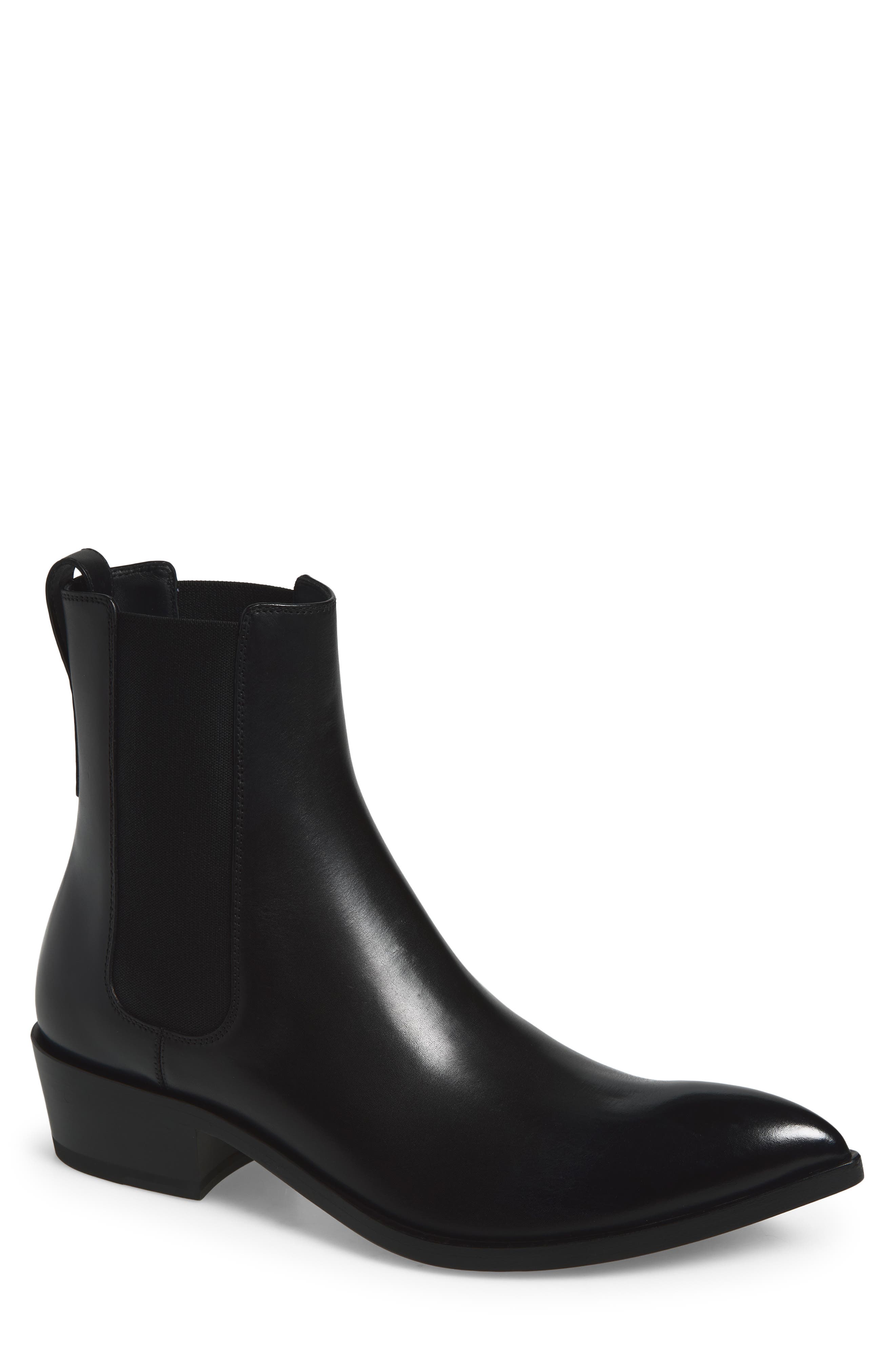 Dagger Burnished Leather Pointed Toe Chelsea Boot, Main, color, NAA BLACK