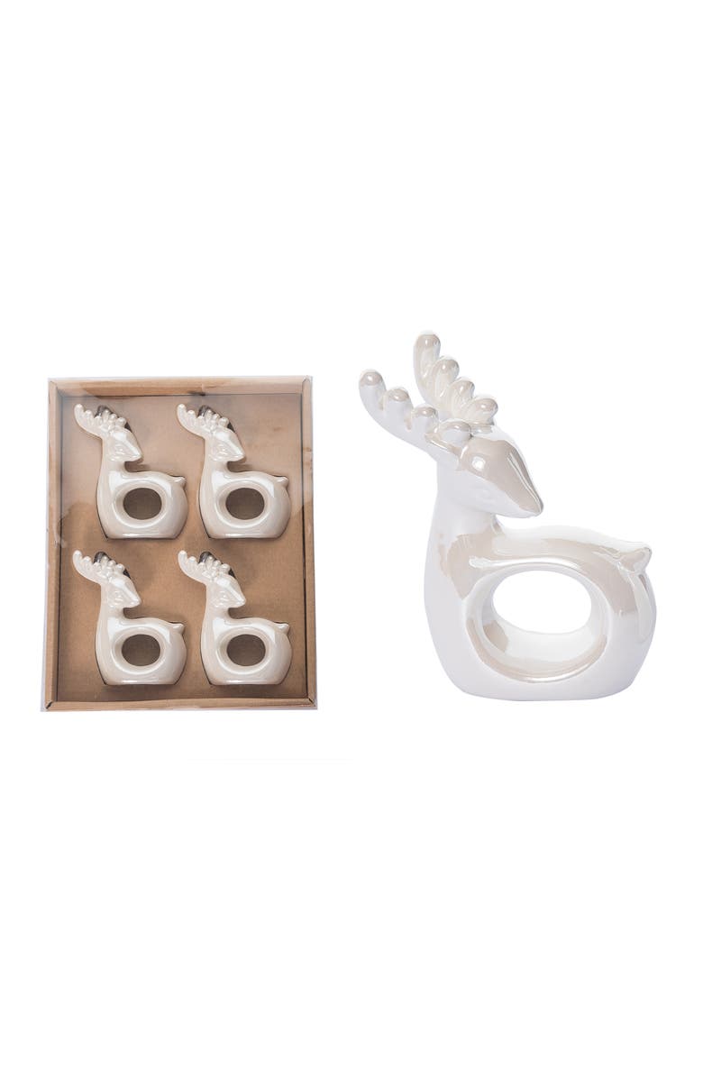 Transpac Dolomite White Christmas Reindeer Napkin Ring Set of 4, Main, color,